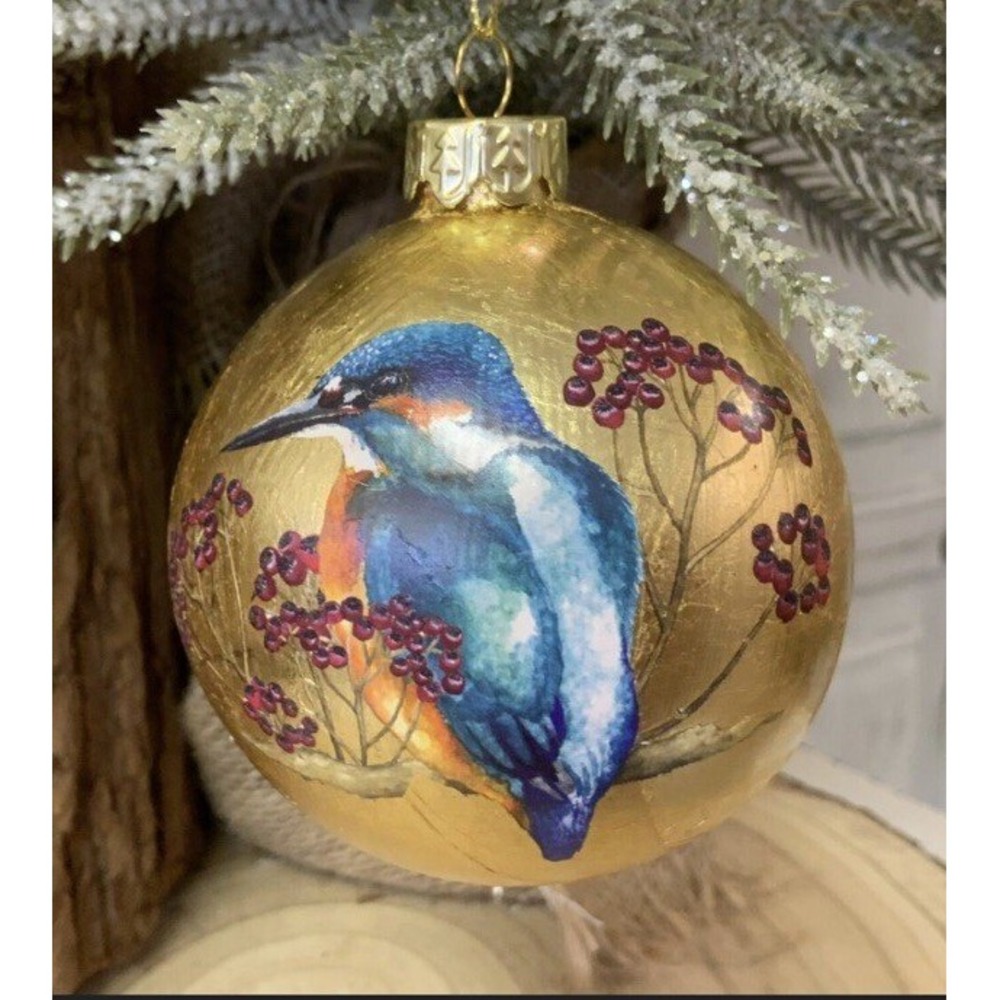 Gold Leaf Kingfisher Bird Glass Christmas Ornament Blue Red Berry Bauble
